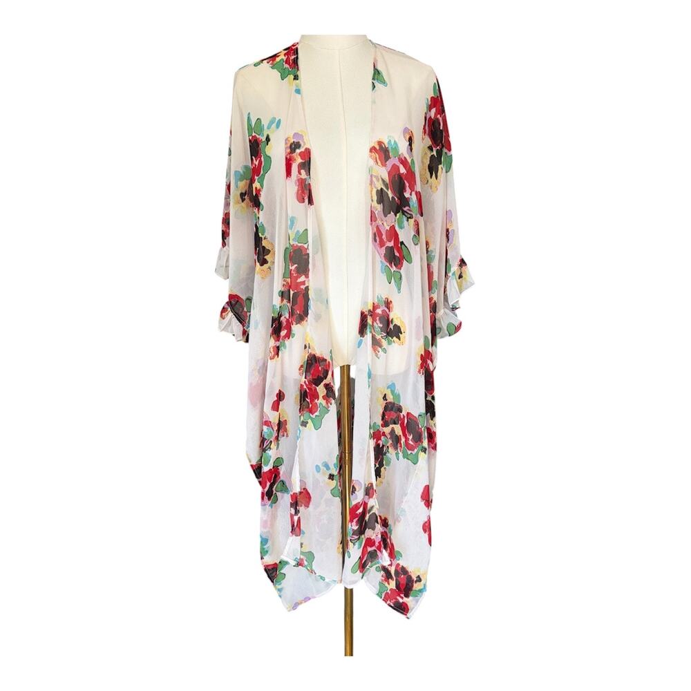 Betsey Johnson Floral Open Front Kimono OS Designer Swim Cover Up White Multi